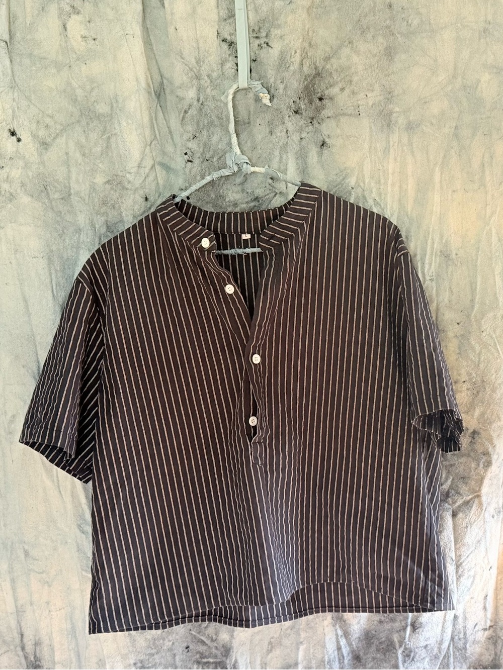 cropped Short-Sleeve Band Collar Shirt - Brown Stripe